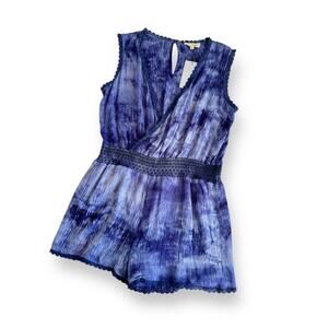 Crescent Blue Tie Dye Boho Style Sleeveless Surplice Neckline Romper Medium